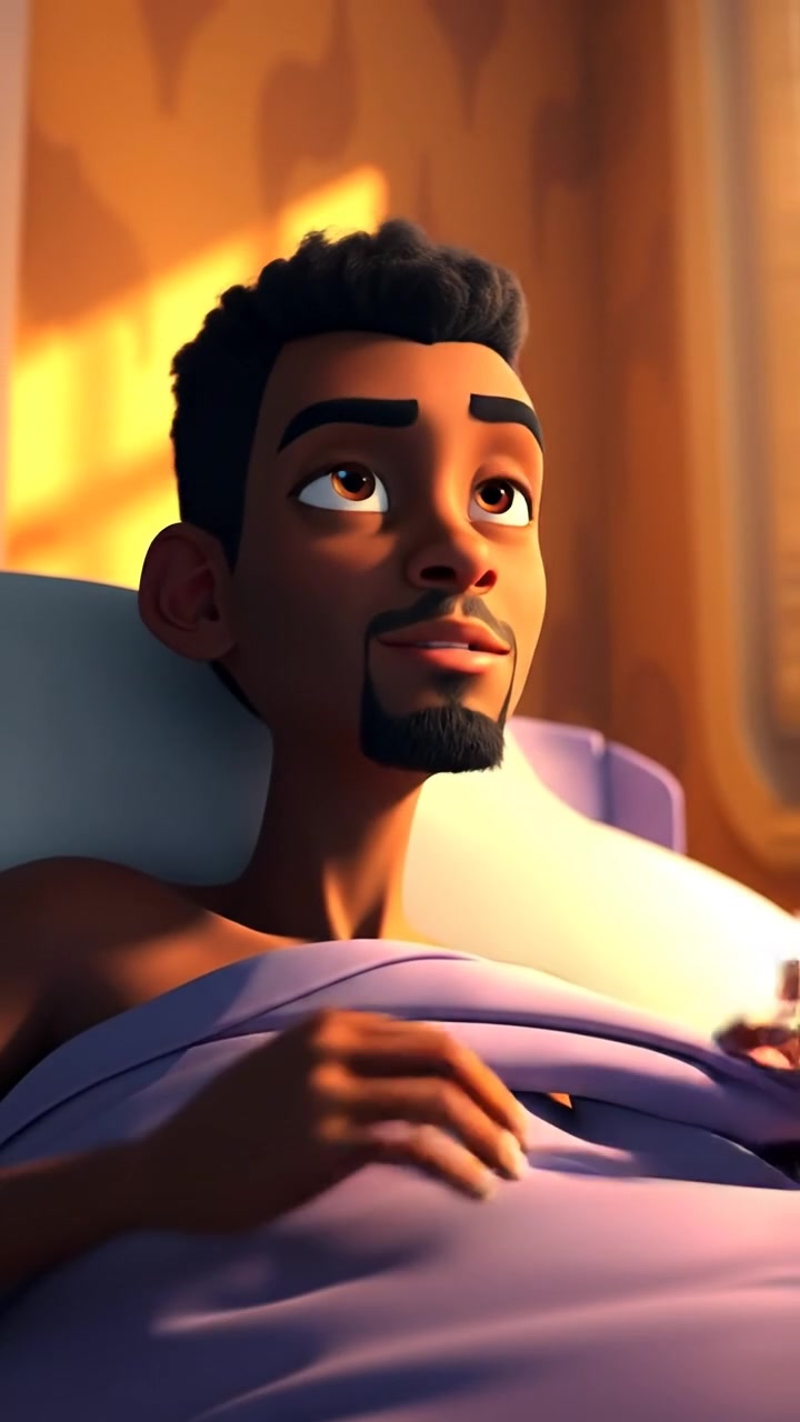 A 3D animation of Isaiah waking up surprised in his bed, sunlight streaming through the window, with warm tones and soft shadows, smooth camera movement capturing his awakening moment. The background features a cozy bedroom bathed in morning light, with gentle ambient sounds of chirping birds in the background.
