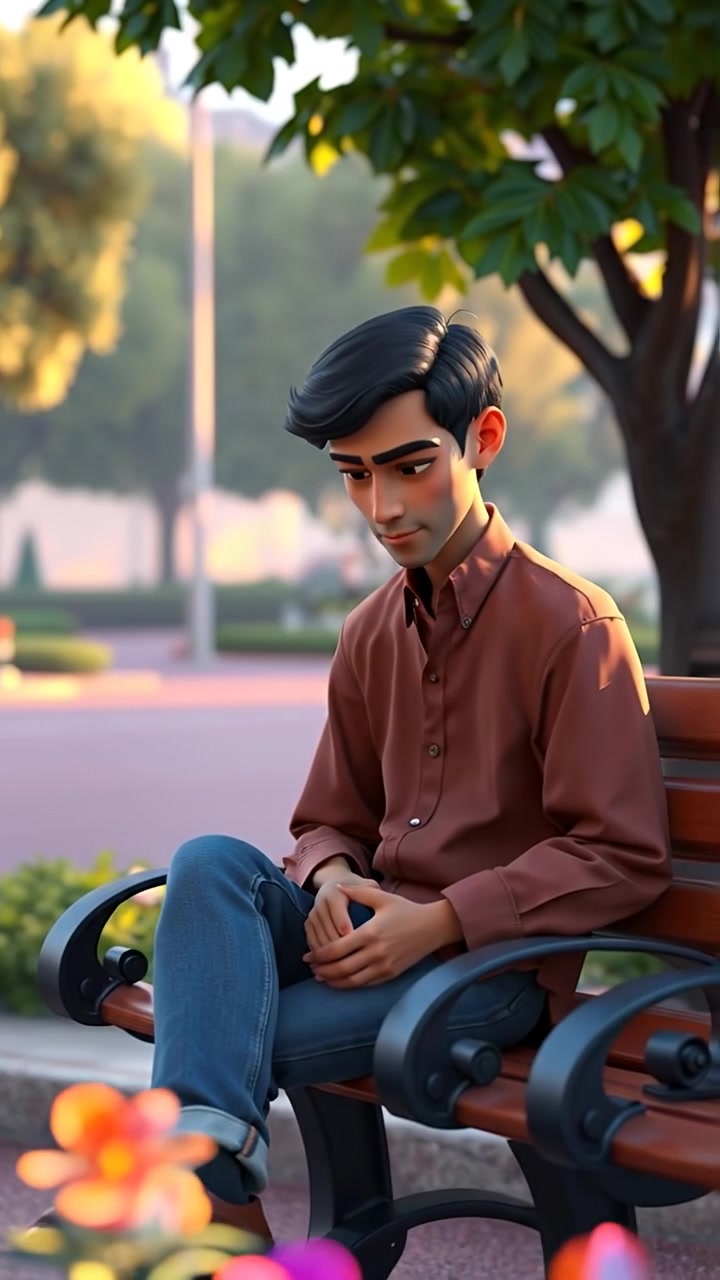 A 3D animated scene of Raj sitting on a park bench, gazing pensively at the ground amidst lush greenery and blooming flowers. Natural warm sunlight bathes the scene, with soft shadows and smooth camera glide. The background features gentle rustling leaves and distant city sounds.