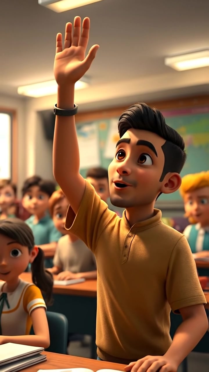 A 3D animated scene of Amir in a vibrant classroom, excitedly raising his hand among curious students, captured with smooth camera movement and warm natural lighting, emphasizing high detail and lively atmosphere. The background features colorful walls and educational posters, with uplifting classroom ambient sounds.