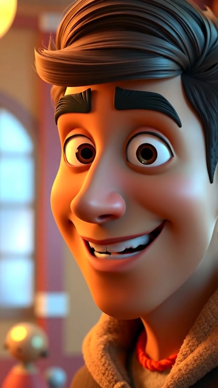 Close-up of Amir with a mischievous face, playful grin, in vibrant 3D animation style. The scene is illuminated with soft, natural lighting, emphasizing detailed facial expressions, smooth camera focus, and a whimsical atmosphere. The background features a subtly blurred playful setting with cheerful tones. The audio features light, whimsical music in the background.