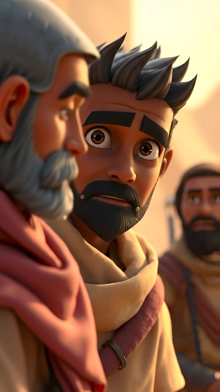 A 3D animation scene depicting frightened Israelite soldiers exchanging worried glances, their faces tense with fear under soft, natural lighting. The camera captures a dynamic, smooth dolly shot emphasizing their anxious expressions, with a blurred background of ancient stone walls. The audio features tense, ambient sounds of shifting stones.