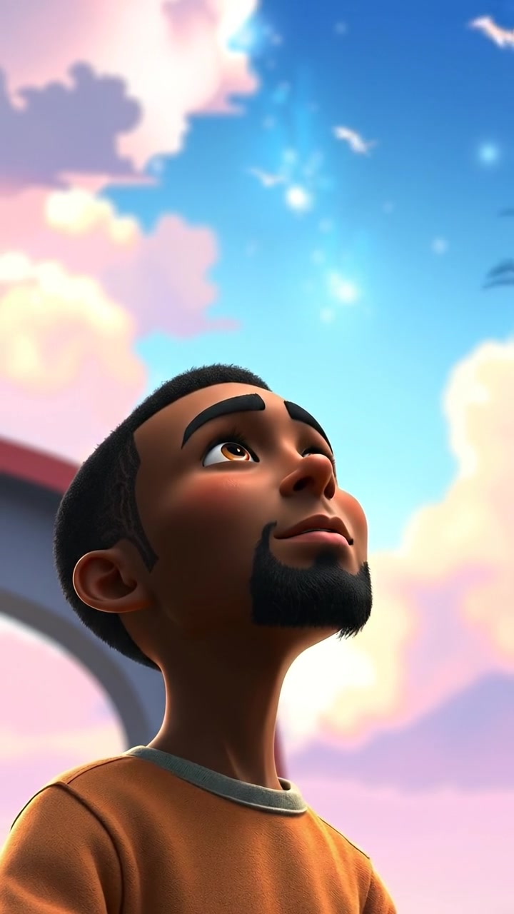 A 3D animation of a thoughtful Isaiah gazing upward at a clear sky, contemplating his big dreams with a serene expression. The scene features natural lighting with soft shadows, smooth camera movement emphasizing his face and sky, set against a tranquil outdoor background. The audio features gentle wind sounds.