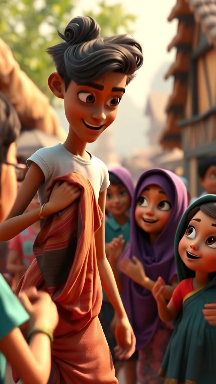 A vibrant 3D animation scene of a lively village community gathering, with Arjun assisting families and receiving gratitude from villagers, under warm, natural lighting with soft shadows, cinematic camera sweeps capturing the bustling atmosphere and expressive faces. The background features a scenic rural landscape, with cheerful background music and ambient sounds of chatter and laughter.
