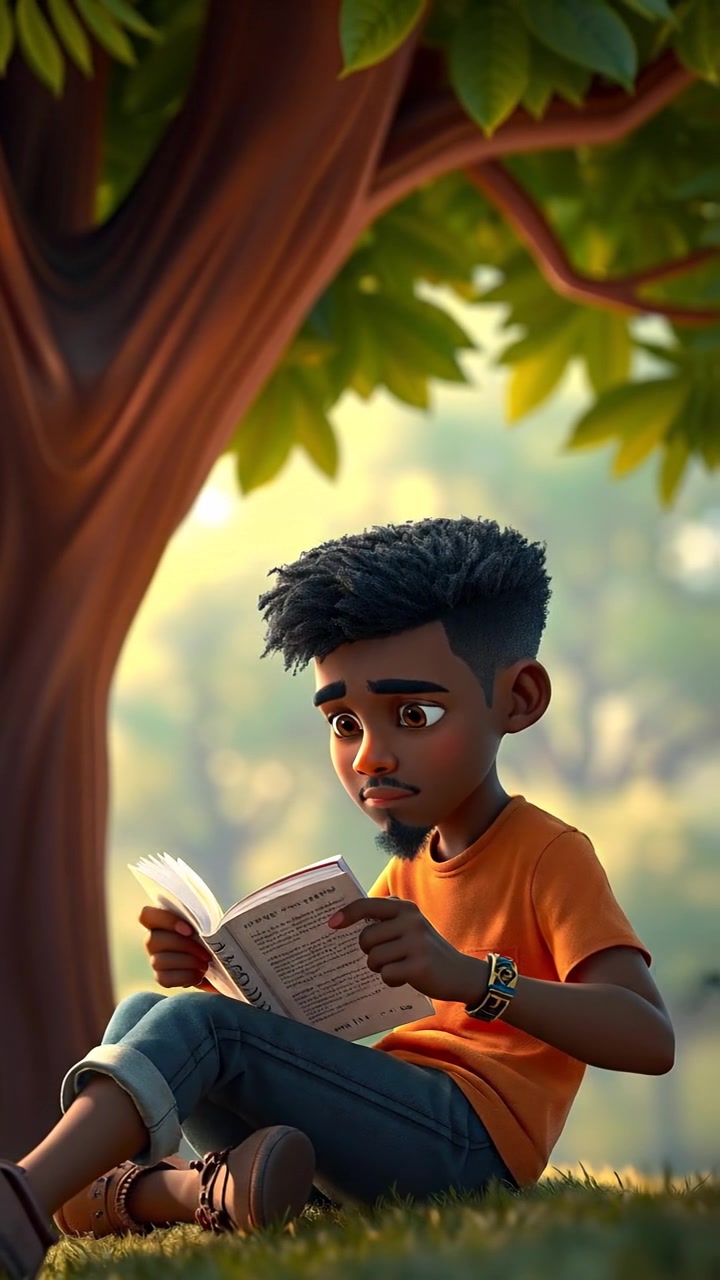 A 3D animation of Isaiah sitting under a lush, green tree, holding an open book with a puzzled expression. Natural sunlight filters through the leaves, casting soft shadows, with a gentle breeze rustling the foliage. The background features a peaceful park scene. The audio features birdsong and rustling leaves.