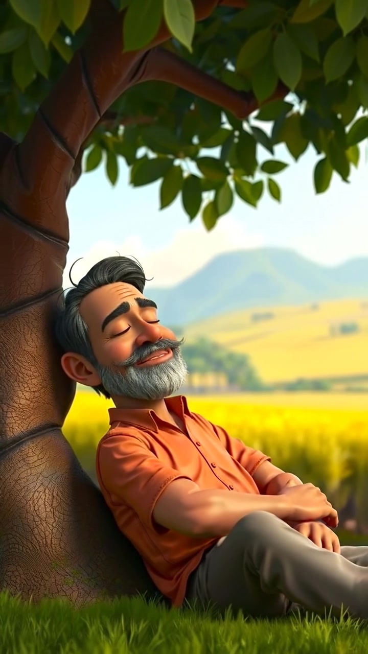 A peaceful 3D animation scene of Raj sitting under a large tree, sleeping serenely with soft natural lighting illuminating the scene. The background showcases a lush green field stretching into the distance, with gentle camera movements that enhance tranquility. The audio features gentle rustling leaves and distant birdsong.
