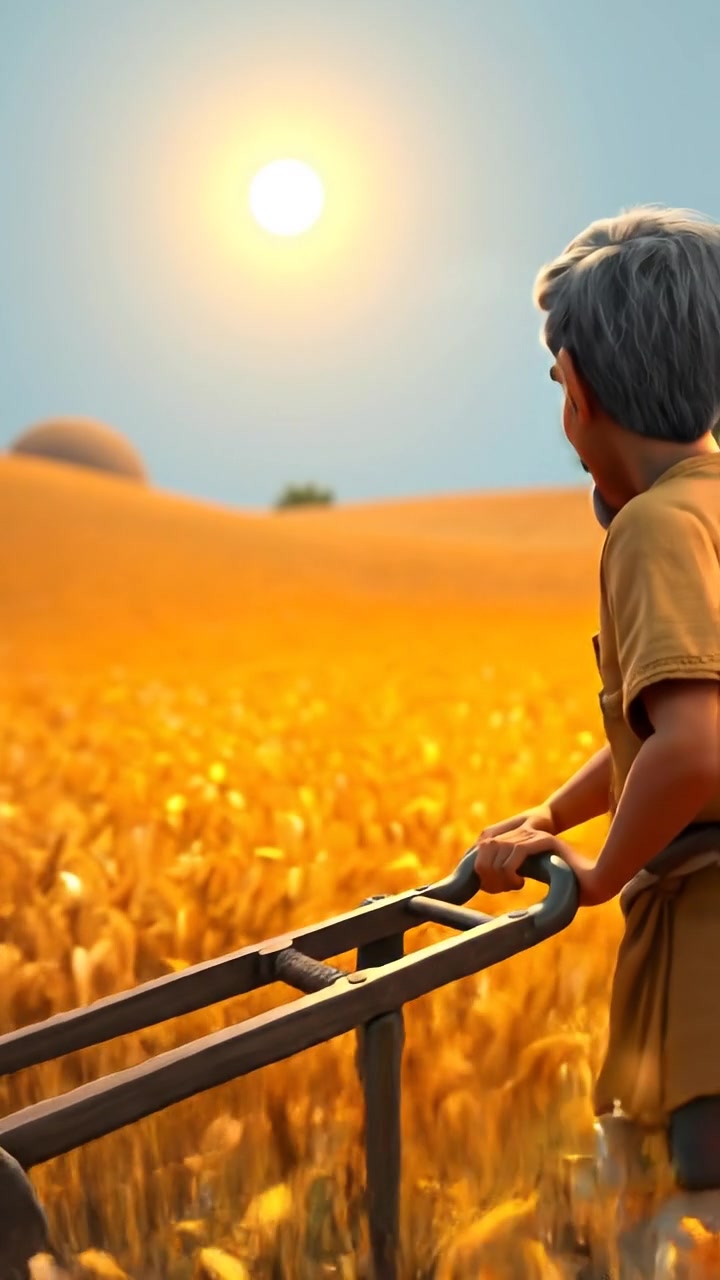 A 3D animated scene of Raj working in his field with a traditional plow under a bright, luminous sun, capturing natural lighting and high detail. The camera moves smoothly in a dolly shot, emphasizing the expansive farmland and vibrant outdoor environment. The background audio features gentle wind and distant birdsong.