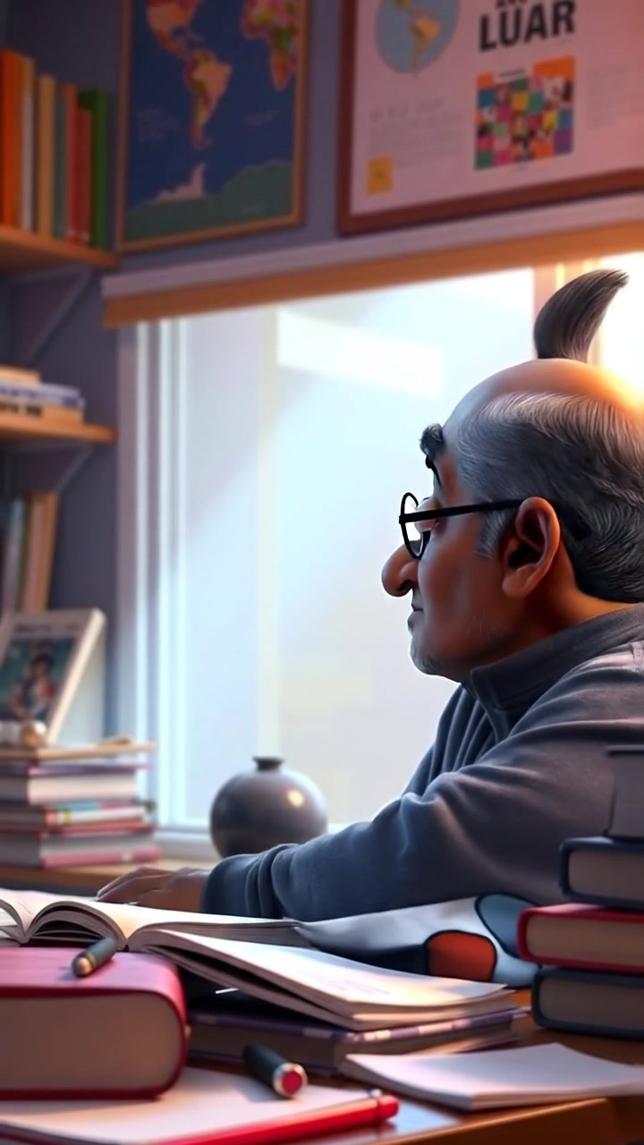 A 3D animation of Raj sitting at a cluttered desk, studying intensely with books and papers scattered around. The scene is illuminated by natural light, capturing high detail and smooth camera motion. Warm tones and soft shadows create an inviting atmosphere. The background audio features gentle ambient sounds of a quiet study room.