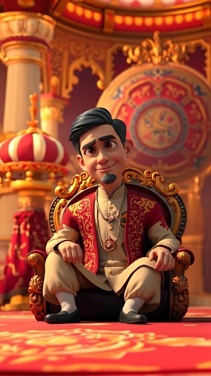 A regal figure resembling Raj sitting on a luxurious throne in an opulent palace, richly decorated with intricate carvings and gold accents. The scene is captured in vibrant 3D animation with warm lighting and smooth camera rotation. The background audio features soft, majestic instrumental music.