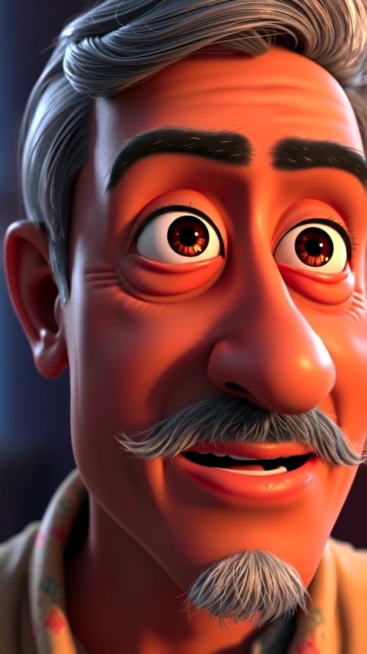 A close-up of Raj's face in a vibrant 3D animation style, capturing eyes sparkling with realization and understanding, under soft, natural lighting. The scene has high detail with smooth camera focus and subtle background blur, emphasizing emotion. The background audio features gentle orchestral music.