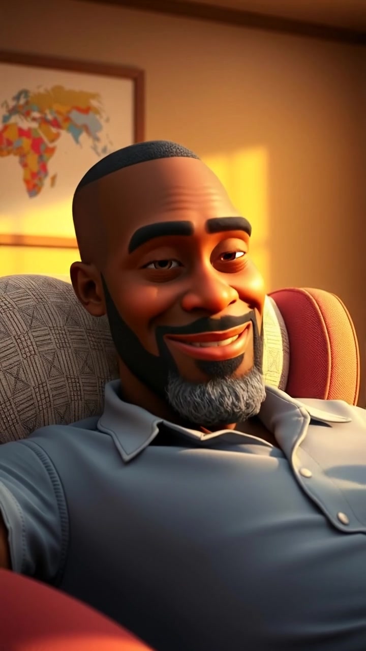 A 3D animated scene depicting Kwame speaking weakly, leaning back in his chair with a faint smile, bathed in soft, warm lighting with smooth camera movement capturing his relaxed posture. The background features a softly blurred office environment. The audio features gentle ambient sounds.