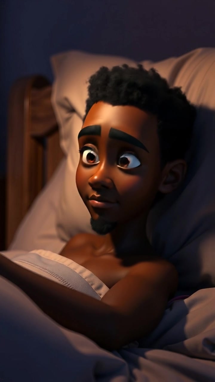A 3D animation scene of Isaiah sitting up in bed with a confused expression, in a dimly lit dark room illuminated by soft moonlight. The camera uses smooth dolly movements to enhance the sense of uncertainty, with high detail and natural lighting. The background features minimalistic bedroom decor. The audio features gentle ambient sounds of a dark, quiet night.