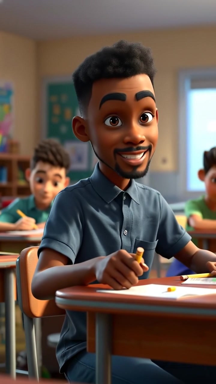 A 3D animated classroom scene featuring Isaiah sitting mischievously at his desk, surrounded by quietly working classmates. Warm lighting highlights his playful expression, with smooth camera movements capturing the lively classroom atmosphere. The background features colorful posters and desks. The audio features gentle classroom ambient sounds.