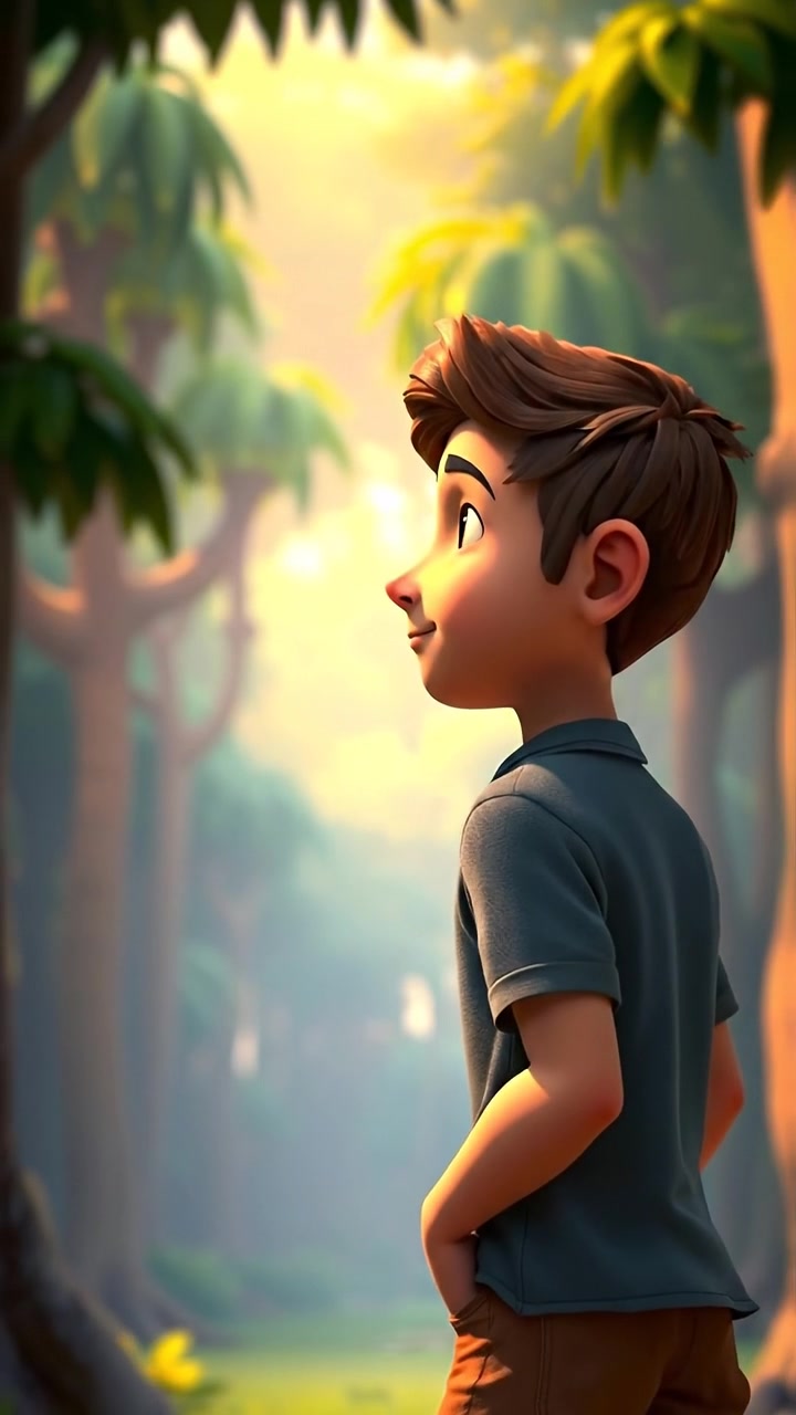 A 3D animation of Mateo standing at a forest clearing, gazing out with a sense of realization, bathed in natural warm sunlight, with lush trees and soft shadows creating a serene atmosphere. Smooth camera movement emphasizes his contemplative stance. The audio features gentle forest sounds and distant bird calls.
