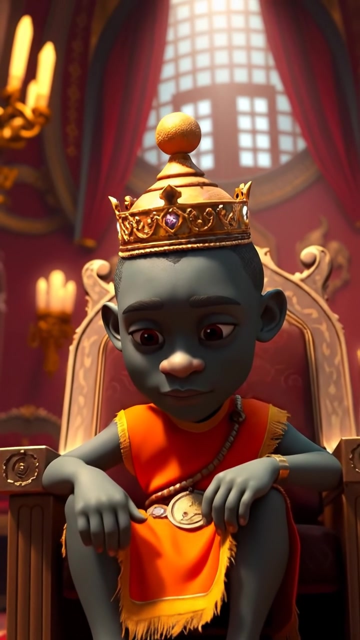 A 3D animation of King Kwame seated on a regal throne in a richly decorated court, with intricate tapestries and golden accents, illuminated by warm, natural lighting. The camera slowly zooms in with smooth movement, highlighting the king's contemplative expression. The background features subtle ambient sounds of a bustling court.