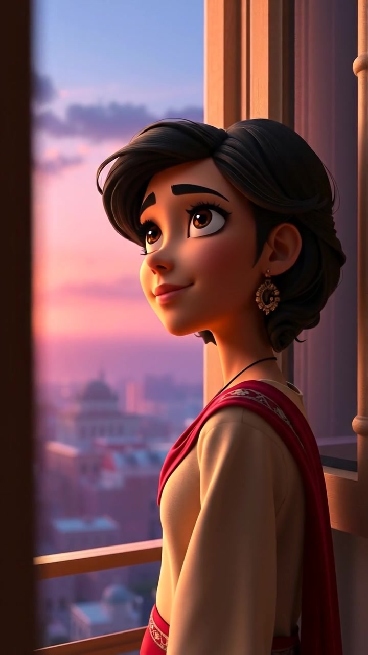 A 3D animation of Laila, deep in thought, standing by a window as dawn breaks, with soft natural lighting emphasizing her contemplative mood. The scene features high detail, smooth camera movement capturing her reflection and the early morning light flooding in, with a serene atmosphere. The audio features gentle morning sounds.