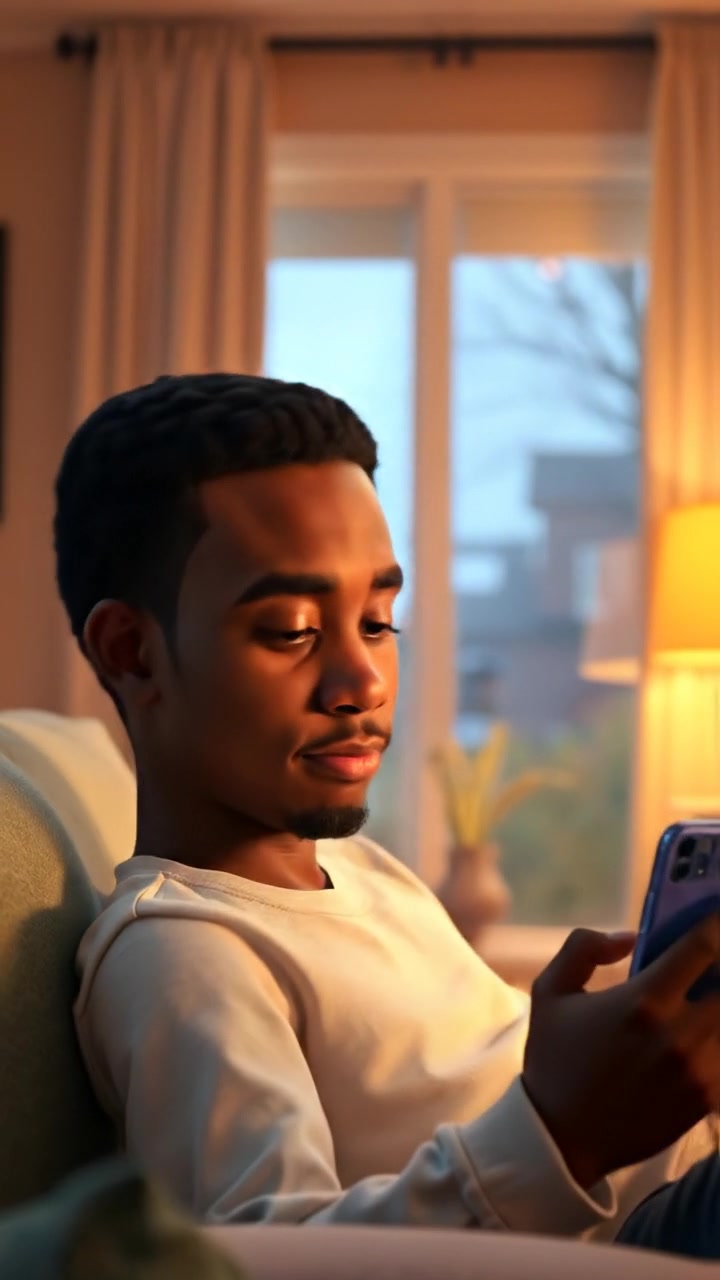 A 3D animated scene of Isaiah sitting thoughtfully on his couch, gazing at his iPhone in a calm, well-lit room with soft shadows and warm tones. The camera slowly zooms in, capturing a relaxed atmosphere with smooth movements. The background features comfortable furniture and subtle decor. The audio features gentle ambient music.