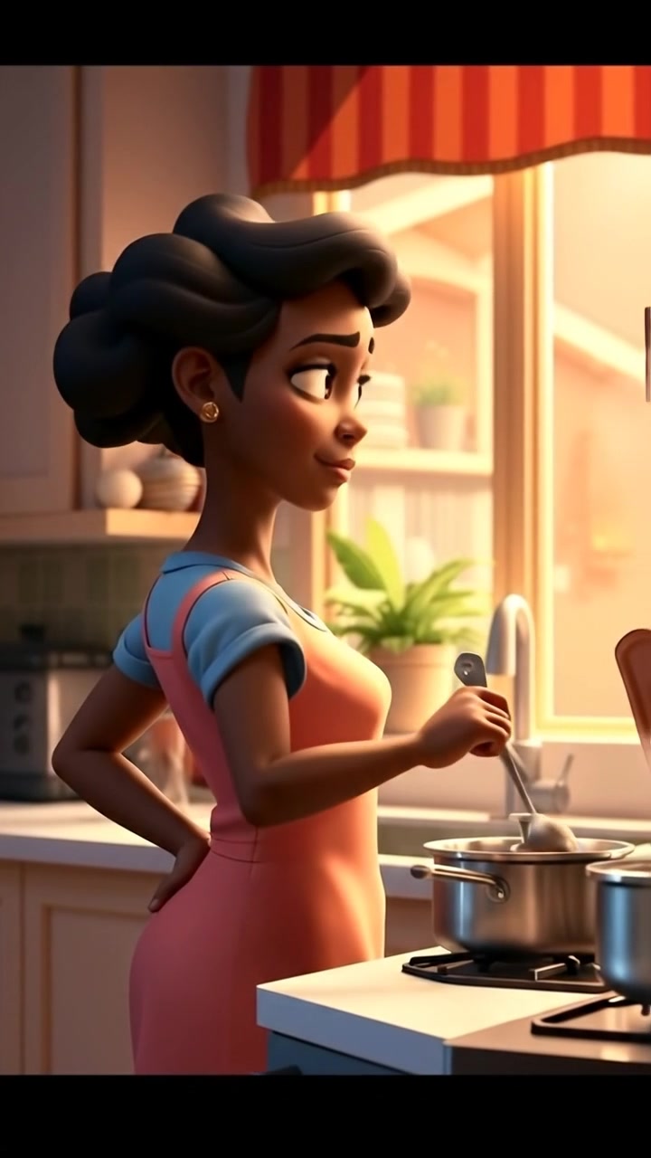 A 3D animated scene featuring Monique in a warmly lit kitchen, stirring a pot on the stove with a contemplative expression, gazing thoughtfully outside through the window. The environment is detailed with soft shadows and natural lighting, with gentle camera movement capturing her pensive mood. The audio features subtle kitchen ambient sounds.