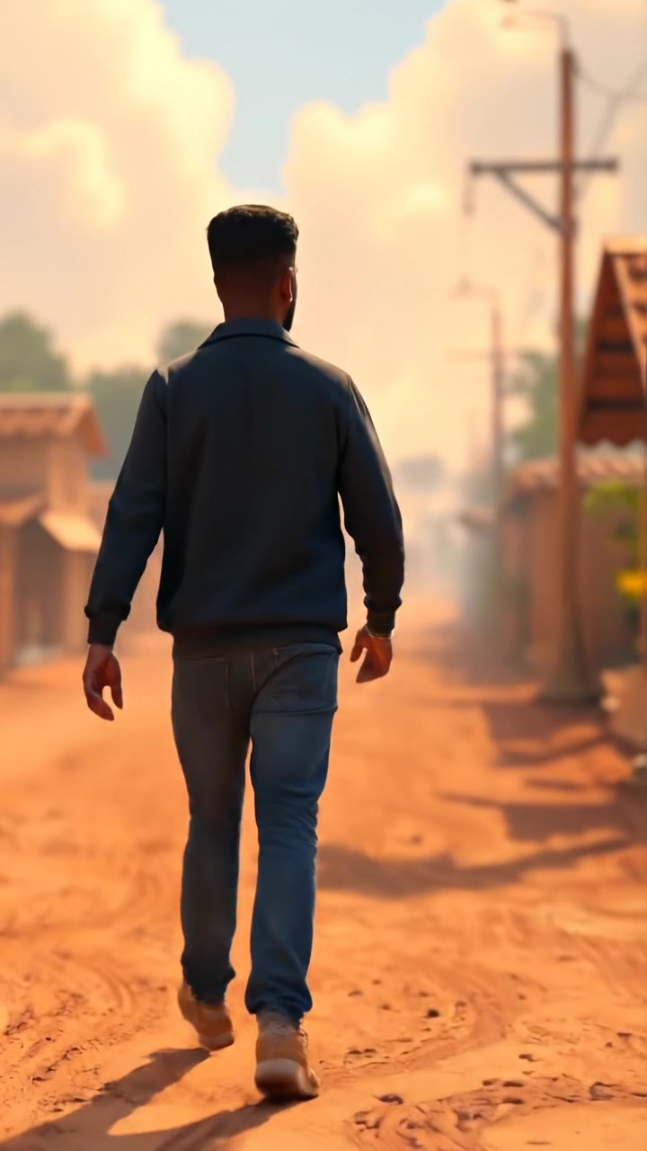 A 3D animation of Isaiah walking alone down a dusty road with a determined stride, under warm ambient light, with detailed textures of dust and rugged terrain, smooth camera movement capturing his focused expression. The background features a vast open sky. The audio features soft wind sounds.