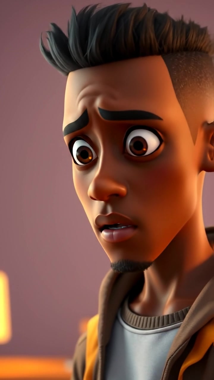 A 3D animation of Isaiah with an embarrassed expression, staring in disbelief as he realizes the truth. The scene features soft, natural lighting with smooth camera motions that emphasize his reaction. The background has a slightly blurred environment, and the ambiance is quiet and introspective. The audio features gentle ambient music in the background.