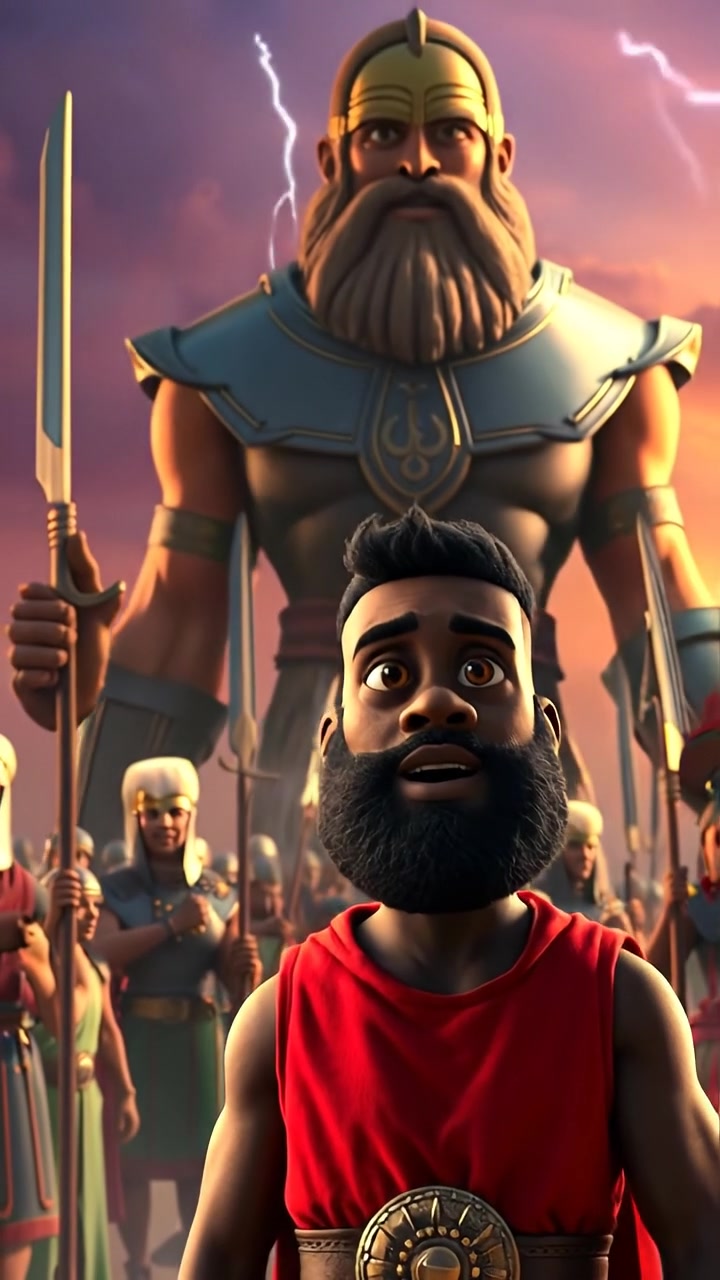 A 3D animated scene of Kwame, a giant, towering dramatically in front of the Israelite army under a stormy, overcast sky. The camera employs a slow dolly shot to emphasize his colossal stature and the tense atmosphere. The background features a rugged battlefield, illuminated with natural, diffused light. The audio features distant thunder and wind sounds.