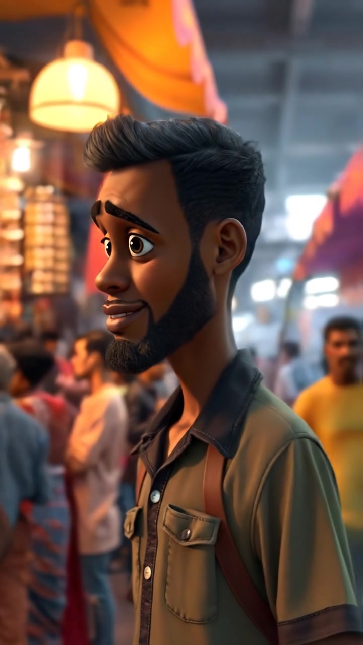 A 3D animation of Kwame standing in a bustling market crowded with wary vendors eyeing him suspiciously, captured with natural lighting and high detail; smooth camera movements enhance the tense mood. The background features colorful stalls and vibrant goods, with the sound of lively market chatter in the background.