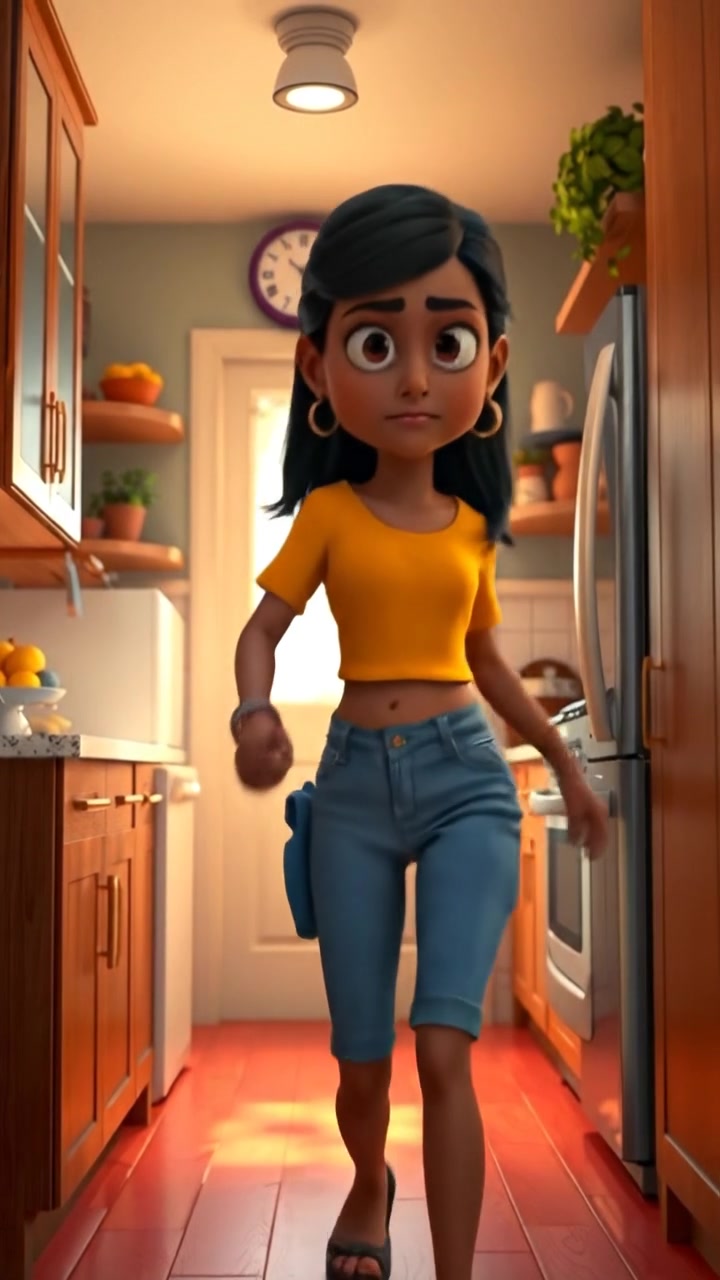 A 3D animated scene of Priya stomping out of the kitchen with a slightly annoyed expression, her posture conveying frustration. The lighting is natural and warm, with smooth camera motion capturing her exit against a cozy home background. The audio features the subtle sounds of footsteps and background household ambiance.