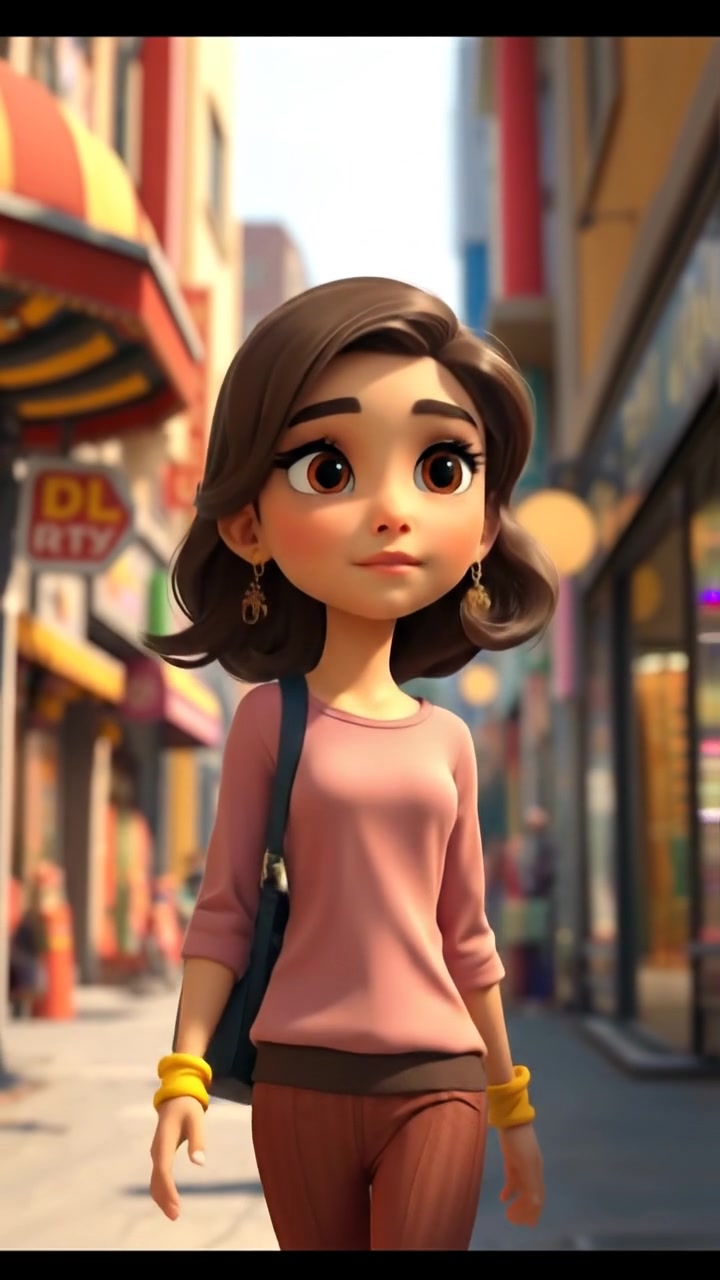 A 3D animation of Laila walking through a bustling city street, her face thoughtfully observing the vibrant environment. Bright neon lights reflect off nearby windows, with smooth camera moves capturing the lively atmosphere. The scene is enhanced by warm tones and soft shadows. The audio features city life sounds in the background.