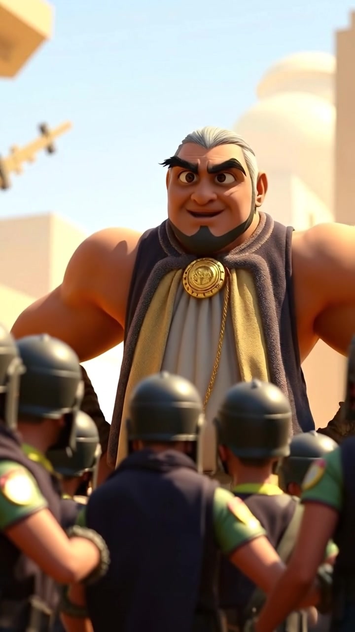 A 3D animation scene showcasing Omar, towering over frightened soldiers with a confident stance, captured in a dynamic low-angle shot emphasizing his dominance. Natural lighting highlights detailed textures and smooth camera movement. The background features a tense battlefield ambiance. The audio features distant battlefield sounds and footsteps.