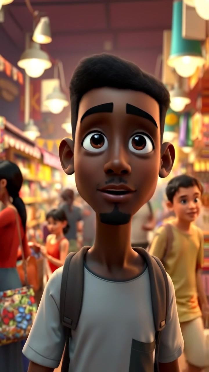 A vibrant 3D animation of Isaiah entering a bustling market filled with busy shoppers and colorful stalls, captured with a smooth dolly shot under warm natural lighting, emphasizing detailed textures and lively movement. The background features ambient city sounds and lively chatter.