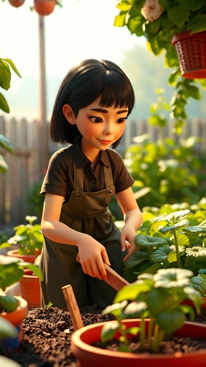 A 3D animated scene of Li working in a small vegetable garden, tending to vibrant green plants under soft sunlight. The camera smoothly dolly shots across the lush garden with warm tones and gentle shadows, capturing the peaceful rural setting. The background features ambient bird sounds and rustling leaves.