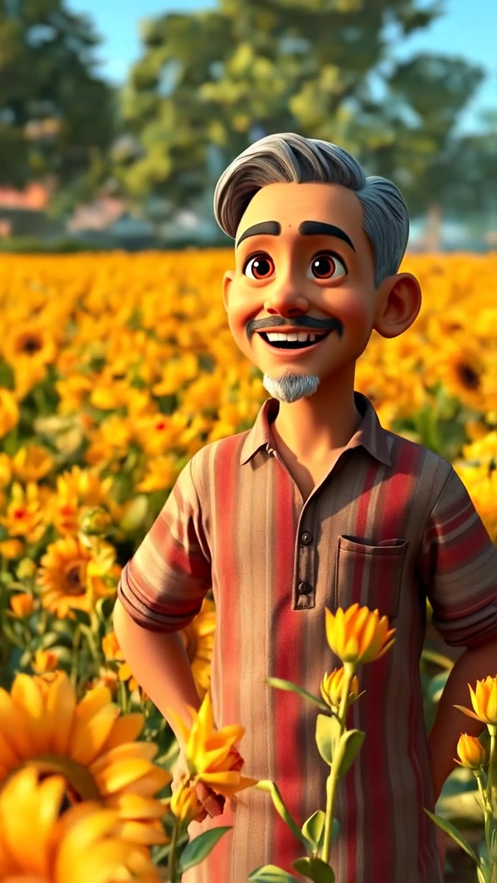 A 3D animation of Raj standing proudly in the middle of a lush, thriving field, smiling at his bountiful harvest under warm sunlight, with soft shadows and vibrant colors. Smooth camera movement captures the expansive landscape. The background features a clear blue sky. The audio features gentle wind sounds.