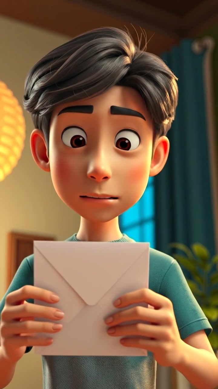 A 3D animated scene featuring Ken with a shocked expression as he reads a letter from an envelope. The scene is lit with natural, soft lighting, capturing detailed facial expressions with smooth camera movement focusing on his reaction. The background hums with gentle ambient sound of a quiet room.