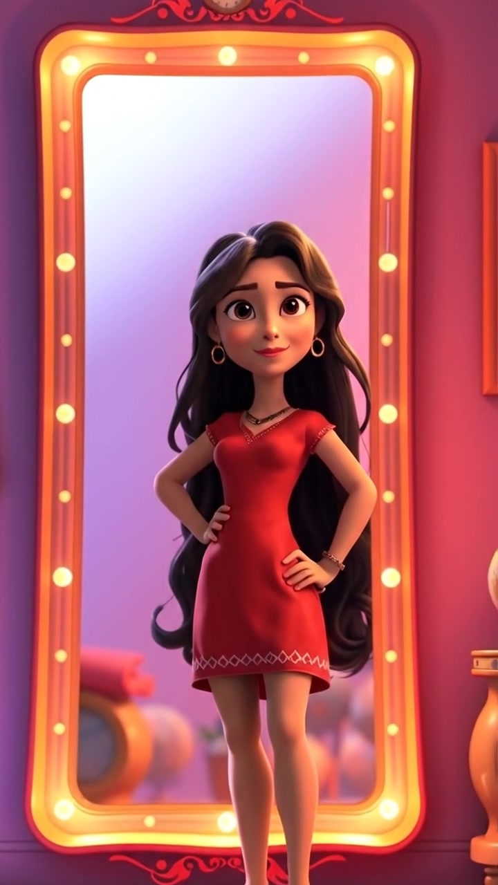 A confident Maya stands before a full-length mirror in a sleek 3D animated style, capturing her reflection with high detail and smooth camera movement. The scene is illuminated by warm, natural lighting, emphasizing her determined expression. The background features a modern, softly lit interior. The audio features ambient city sounds.