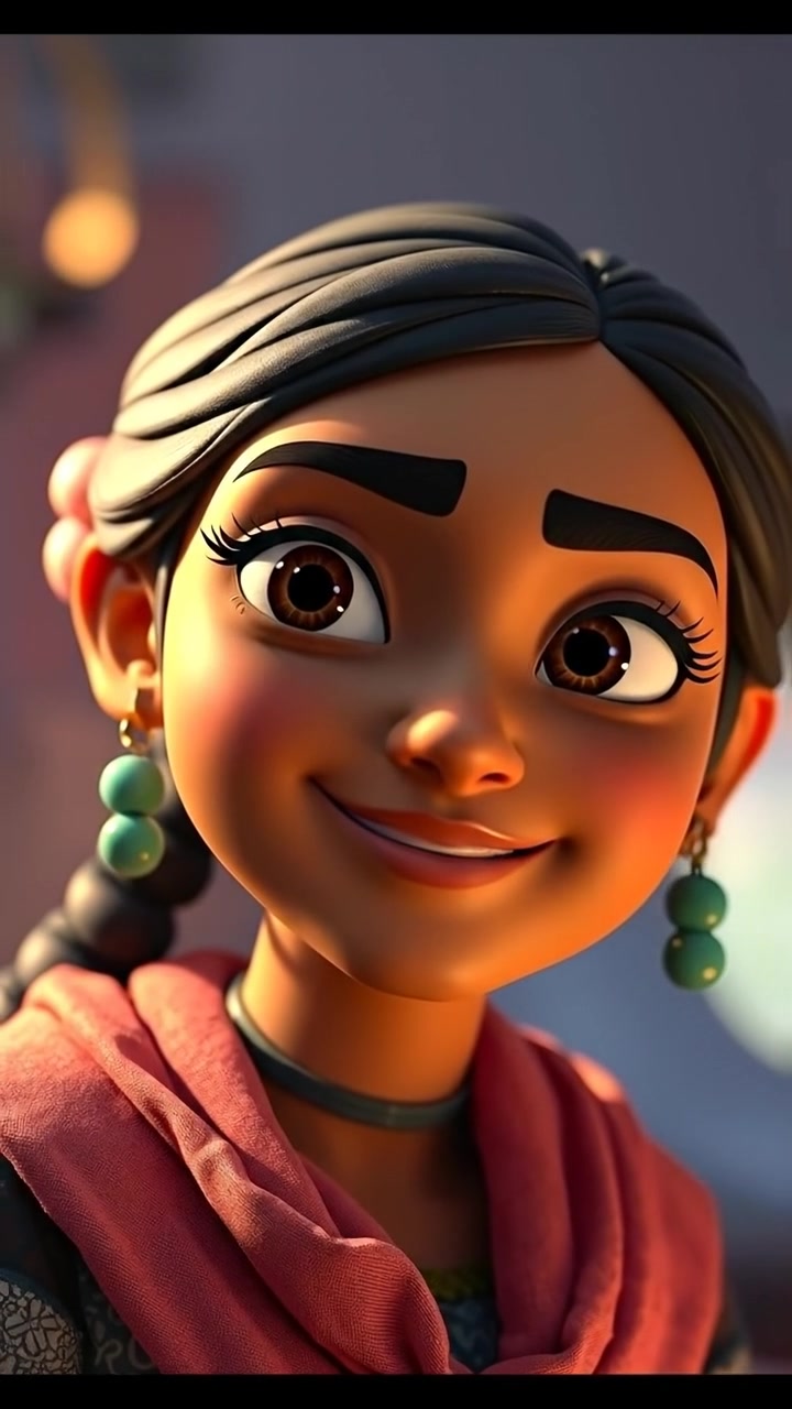 A close-up of The Maya's face with an expressive look of confidence and hope, rendered in a vibrant 3D animation style with high detail, soft lighting, and smooth camera focus that enhances the facial expressions. The background is blurred to emphasize emotion. The audio features uplifting instrumental music.