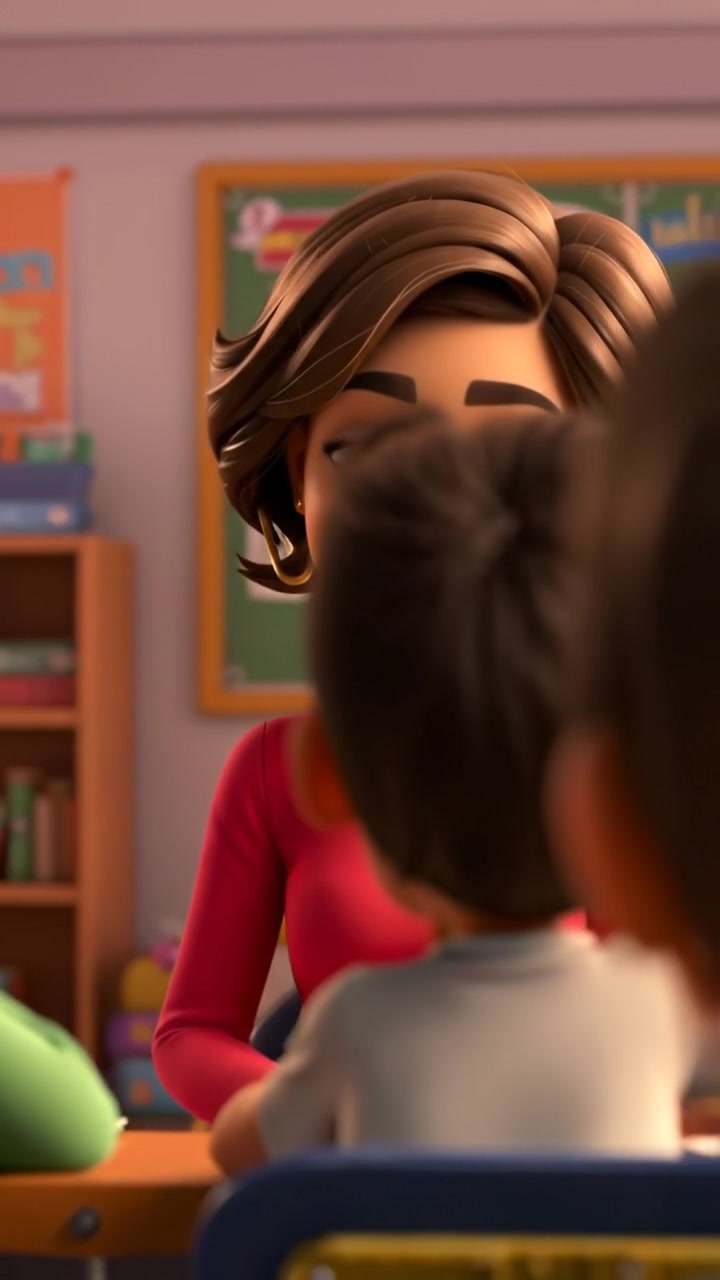 A cheerful 3D animated scene of Laila standing at the front of a classroom, smiling warmly at her engaged students. Natural lighting highlights her friendly expression, with smooth camera movements capturing the lively educational environment. The background features colorful posters and bookshelves. The audio features faint classroom chatter and soft ambient sounds.