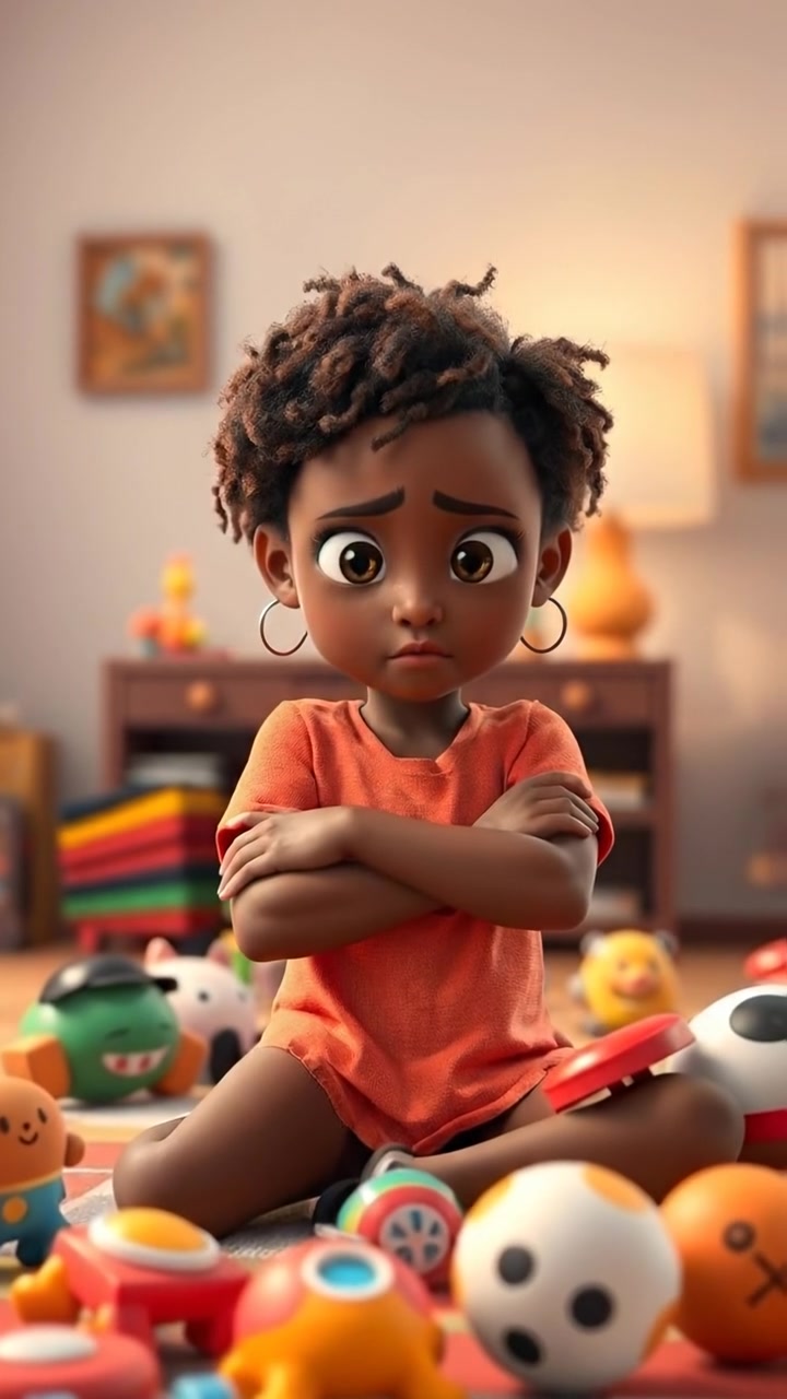 A 3D animation of Nia frowning with crossed arms, surrounded by scattered toys on the floor, under soft, warm lighting with high detail and smooth camera movements. The scene exudes a contemplative mood with cozy ambiance. The audio features gentle background music with subtle ambient sounds.