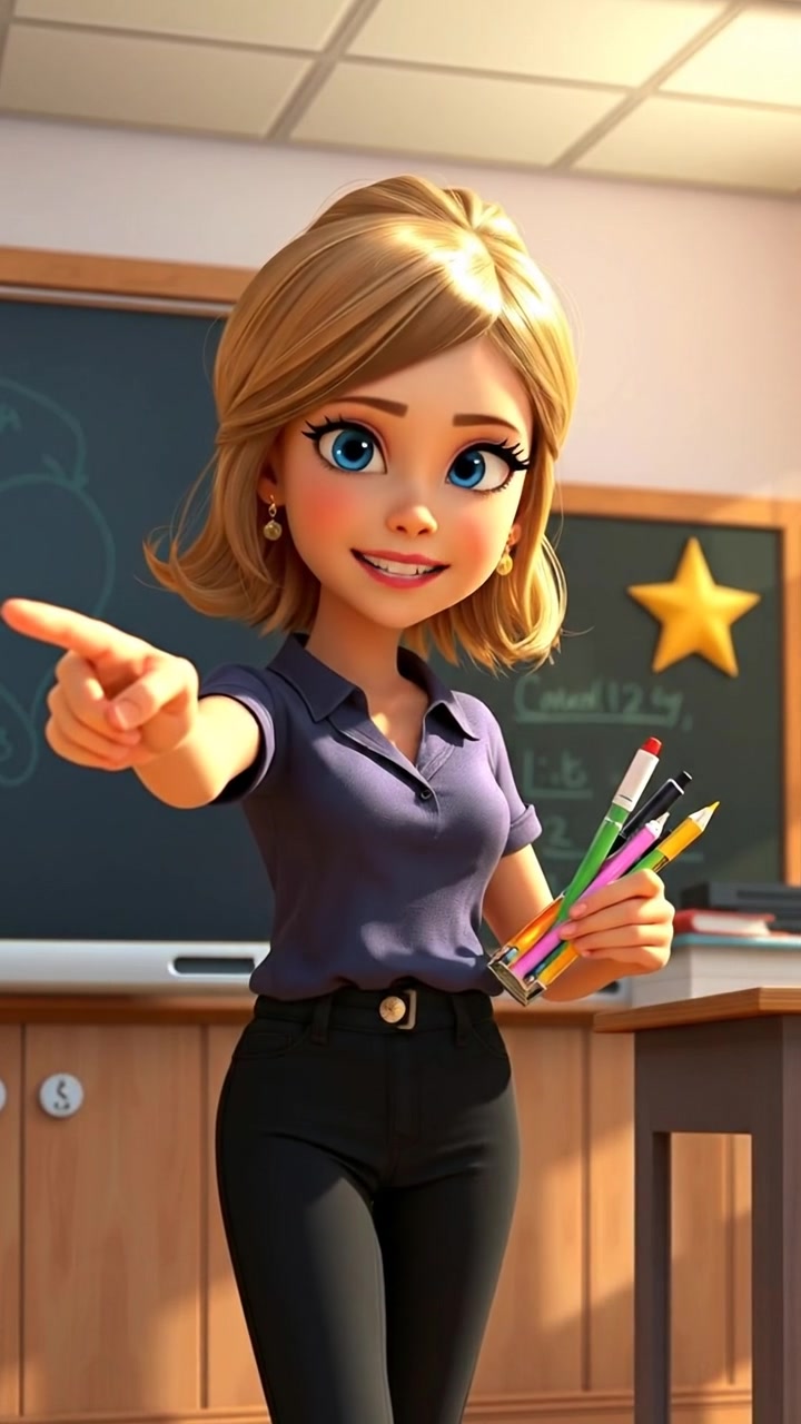 A 3D animation of Ashley standing in a classroom, pointing to a blackboard with writing tools in hand. The scene features natural lighting, high detail, and smooth camera movements, with warm tones and soft shadows creating an inviting atmosphere. The background audio features ambient classroom sounds.