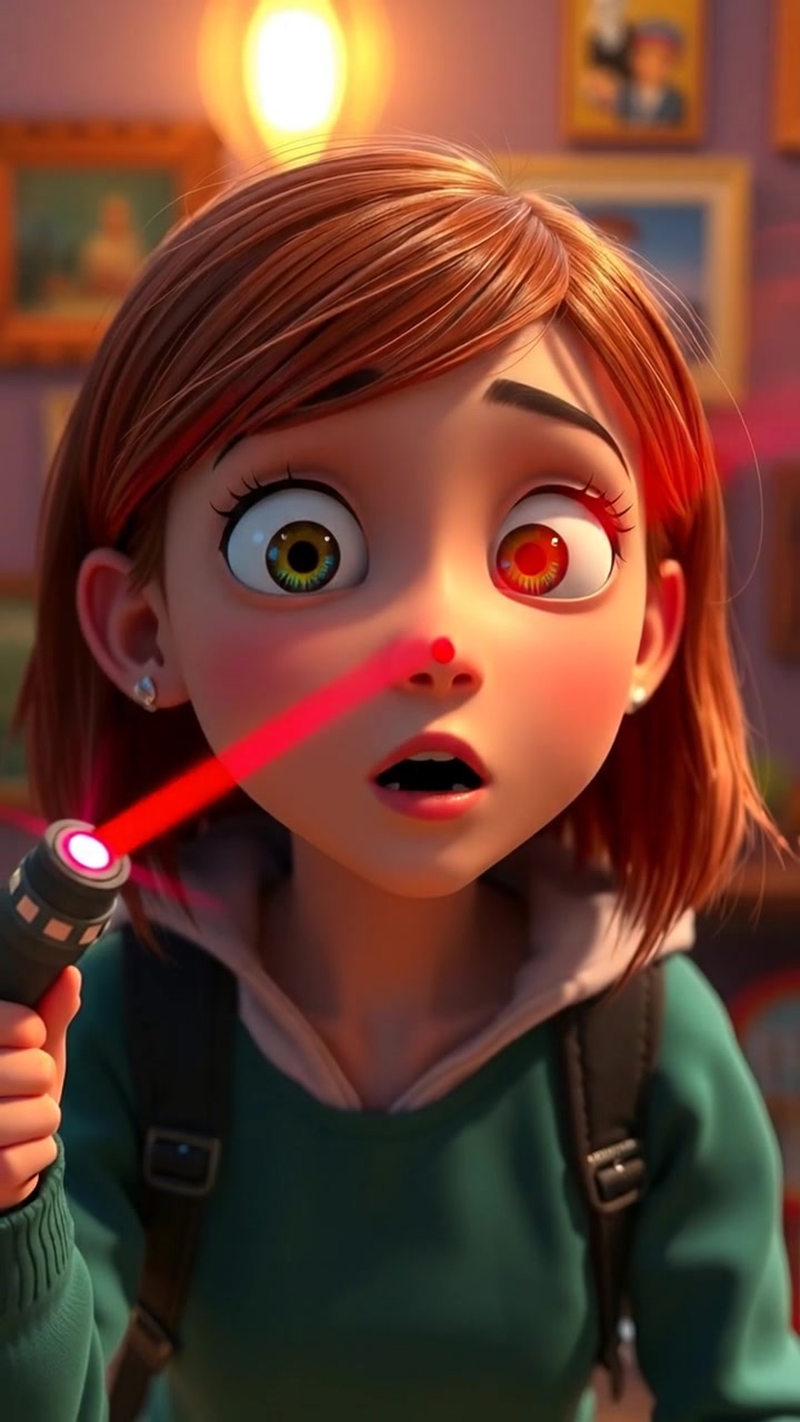 A 3D animated scene featuring Emma, looking shocked as the laser pointer flickers wildly, captured with smooth camera movement and warm lighting that emphasizes her surprised expression. The background is softly blurred, enhancing focus on her reaction. The audio features a subtle, tense musical score.