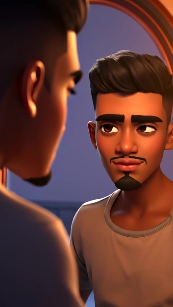 A 3D animated scene of Isaiah standing in front of a mirror, with a determined and resolute expression as he prepares to accept his fate. The scene features soft, warm lighting, high detail textures, and smooth camera movement focusing on his face and reflection. The background audio includes subtle ambient sounds.