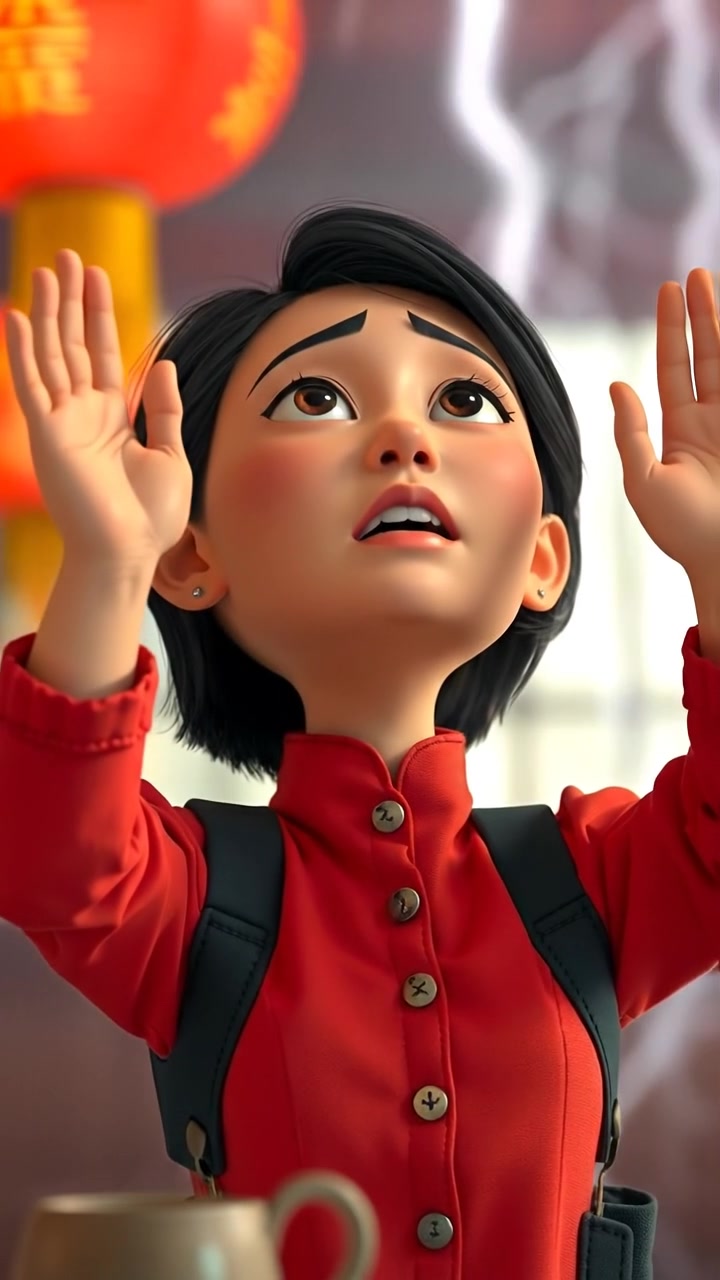 A 3D animated scene of Li raising her hands to the sky with an anguished expression, bathed in soft, natural lighting with smooth camera motion capturing her emotional gesture. The background features a subtle, blurred landscape under an overcast sky, and the sound of distant thunder enhances the mood.