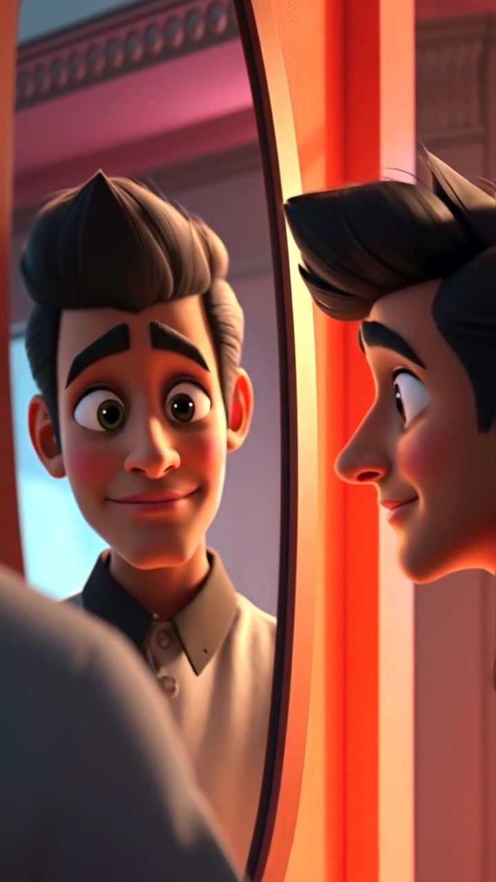 A 3D animation of Arjun leaning closer to a mirror with a realistic, detailed reflection, ambient soft lighting highlighting facial features, smooth camera dolly-in movement emphasizing intimacy, set in a modern room with warm tones. The background features gentle room sounds.