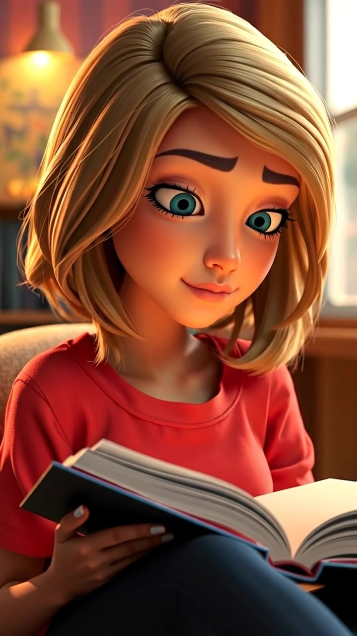 A close-up of Ashley lost in thought, with her open book resting on her lap, rendered in high-detail 3D animation. Natural lighting enhances her contemplative expression, with soft shadows and a subtle depth of field. The background features a serene, softly blurred outdoor setting. The audio features gentle ambient sounds.