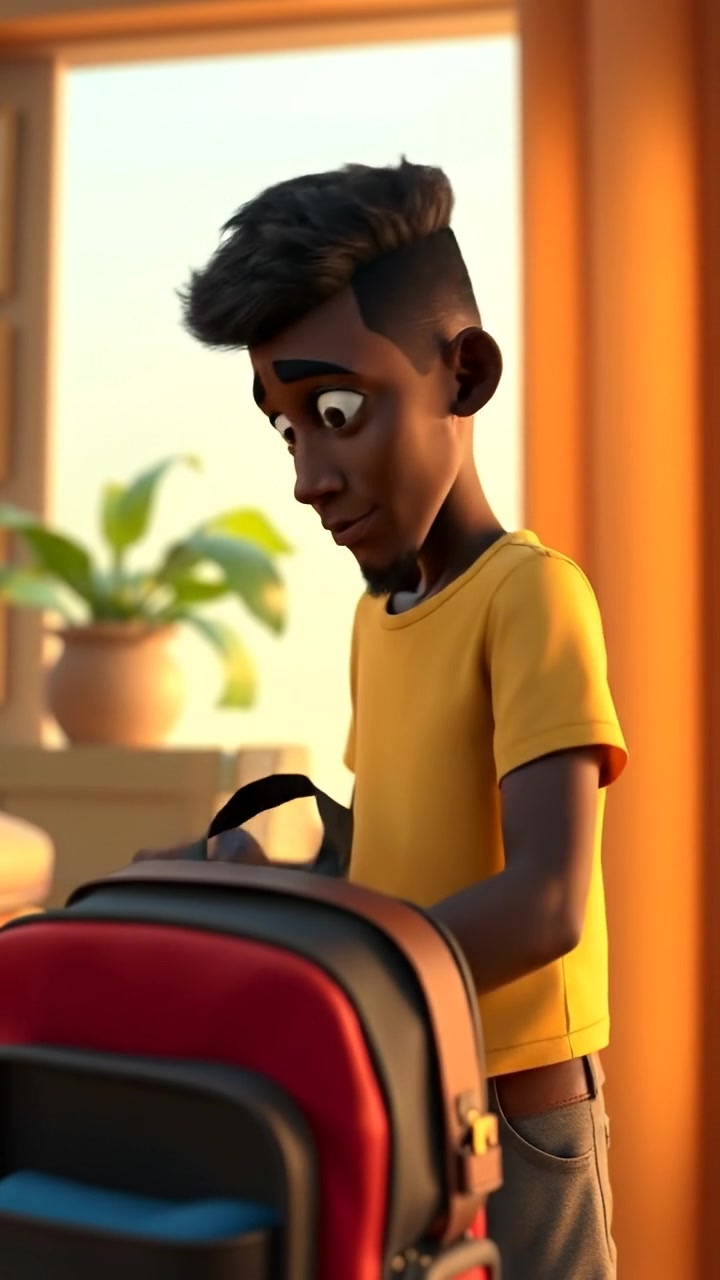 A 3D animation of Isaiah looking resolute as he packs a small bag, preparing to leave home. The scene features warm natural lighting, detailed textures, and smooth camera movements capturing his determined expression and the cozy interior. The background audio features a soft, ambient hum of a quiet home.