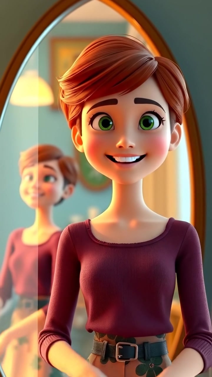 A 3D animated depiction of Emma standing confidently in front of a mirror, smiling at her reflection with bright, natural lighting highlighting her features. The scene features smooth camera movements, warm tones, and a softly illuminated background. The audio features gentle ambient music.