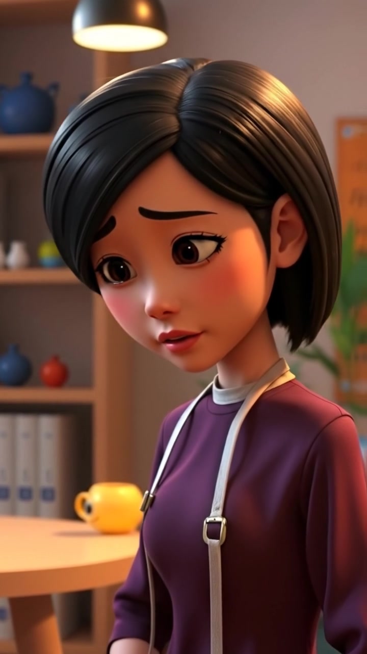 A 3D animation of Li reluctantly nodding her head, with tears glistening in her eyes, under soft, cinematic lighting and gentle camera movement that emphasizes her emotional moment; the background is subtly blurred to focus on her expressive face. The audio features a poignant, soft instrumental score.