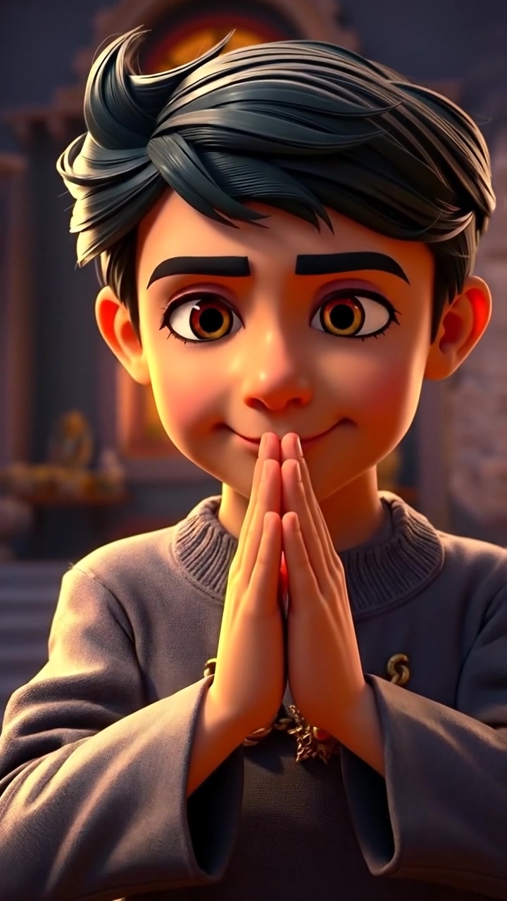 A detailed 3D animation close-up of Isaiah's hands clasped in prayer, illuminated by gentle natural lighting, with soft shadows conveying serenity. The scene features smooth camera motion emphasizing the delicate gestures, set against a neutral background. The audio features gentle ambient music.