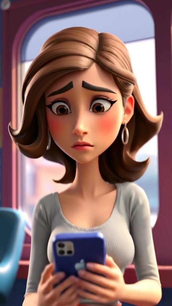 A 3D animated scene featuring Maya shaking her head disapprovingly while holding her phone, with a concerned expression. The environment is softly lit with warm tones, camera smoothly zooms in to capture her facial emotion. The background ambient sound features subtle city noises.