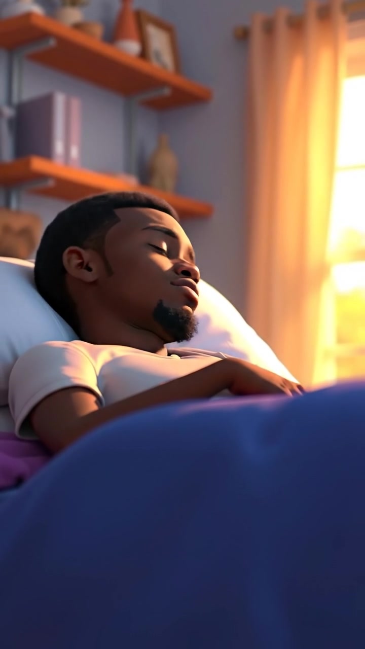 A 3D animation of Isaiah peacefully sleeping in his bedroom at sunrise, with warm, natural sunlight pouring through the window, illuminating the soft bedding and casting gentle shadows. The scene features high detail and smooth camera movement, capturing a tranquil morning ambiance. The audio features gentle morning sounds with birds chirping.