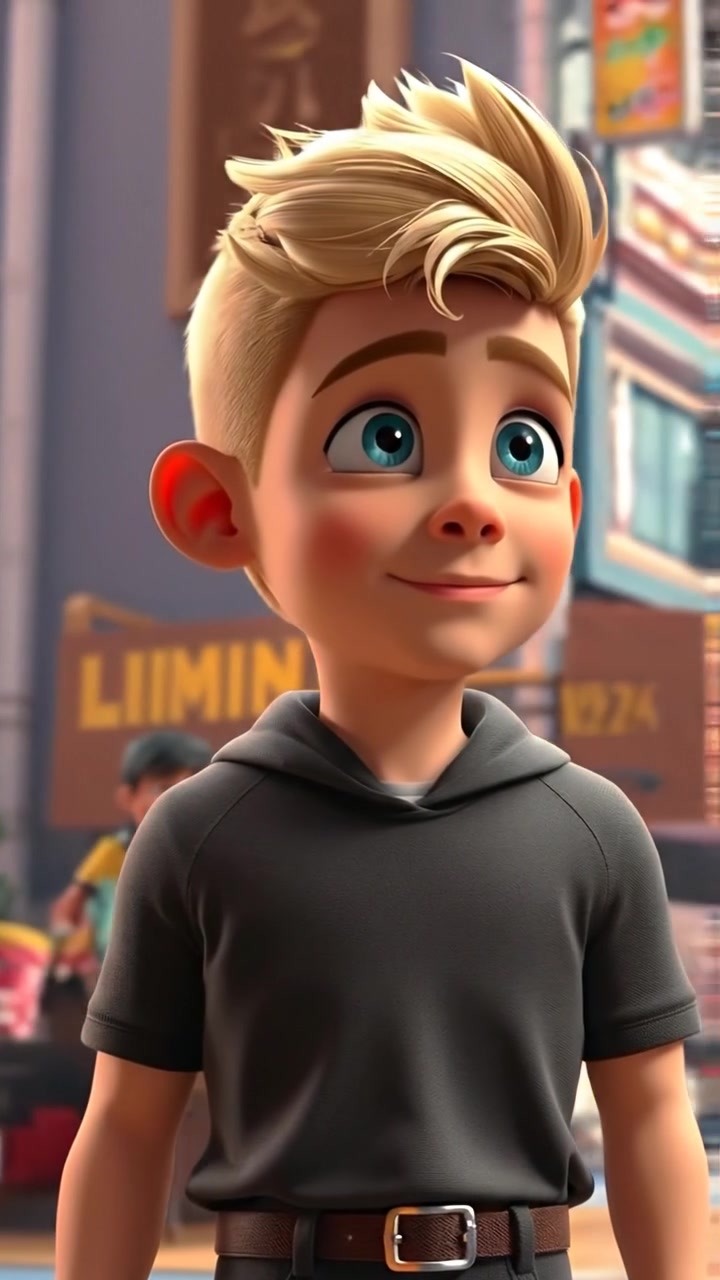 A 3D animation of Ryan standing confidently with a determined expression, set against a dynamic urban background with dramatic lighting, smooth camera panning emphasizing his resolve, under a clear sky with vibrant colors. The scene exudes intensity and focus. The audio features energetic instrumental music.