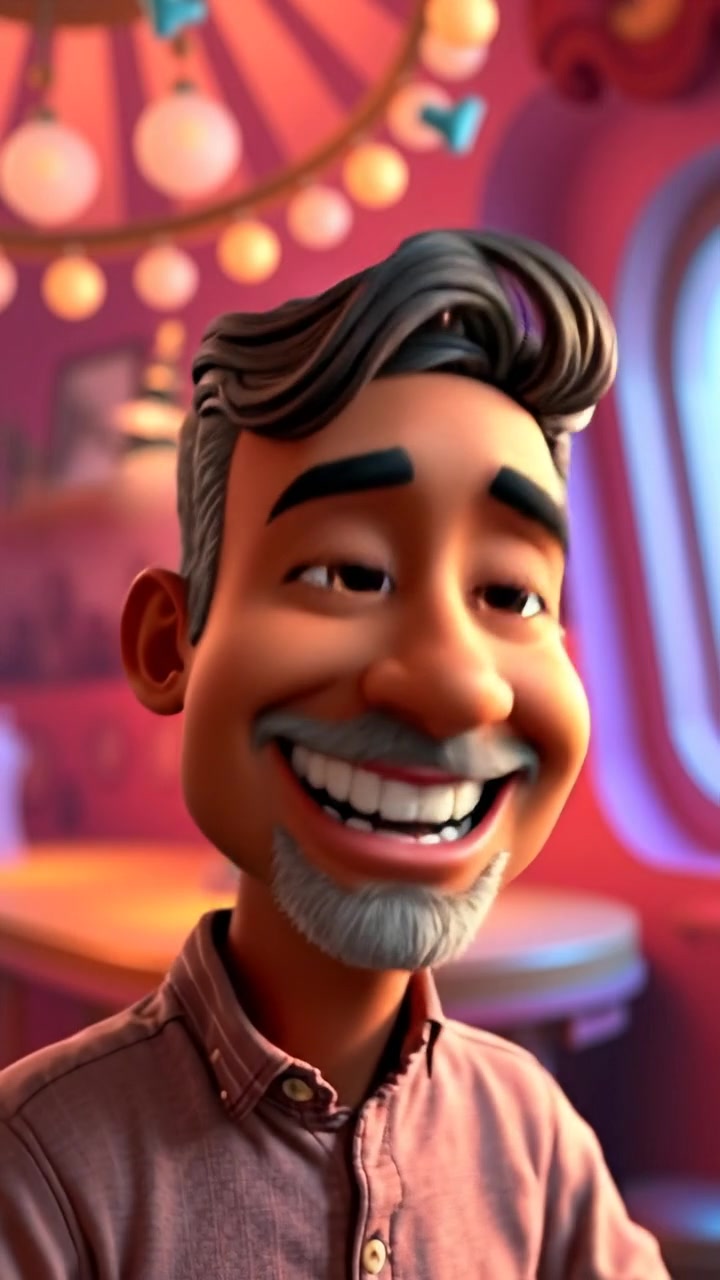 A 3D animation of Raj smiling brightly with an enthusiastic nod, capturing a moment of understanding. Natural warm lighting highlights his joyful expression, with smooth camera movement emphasizing his animated gestures. The background features a vibrant, softly blurred setting. The audio features cheerful ambient sounds.